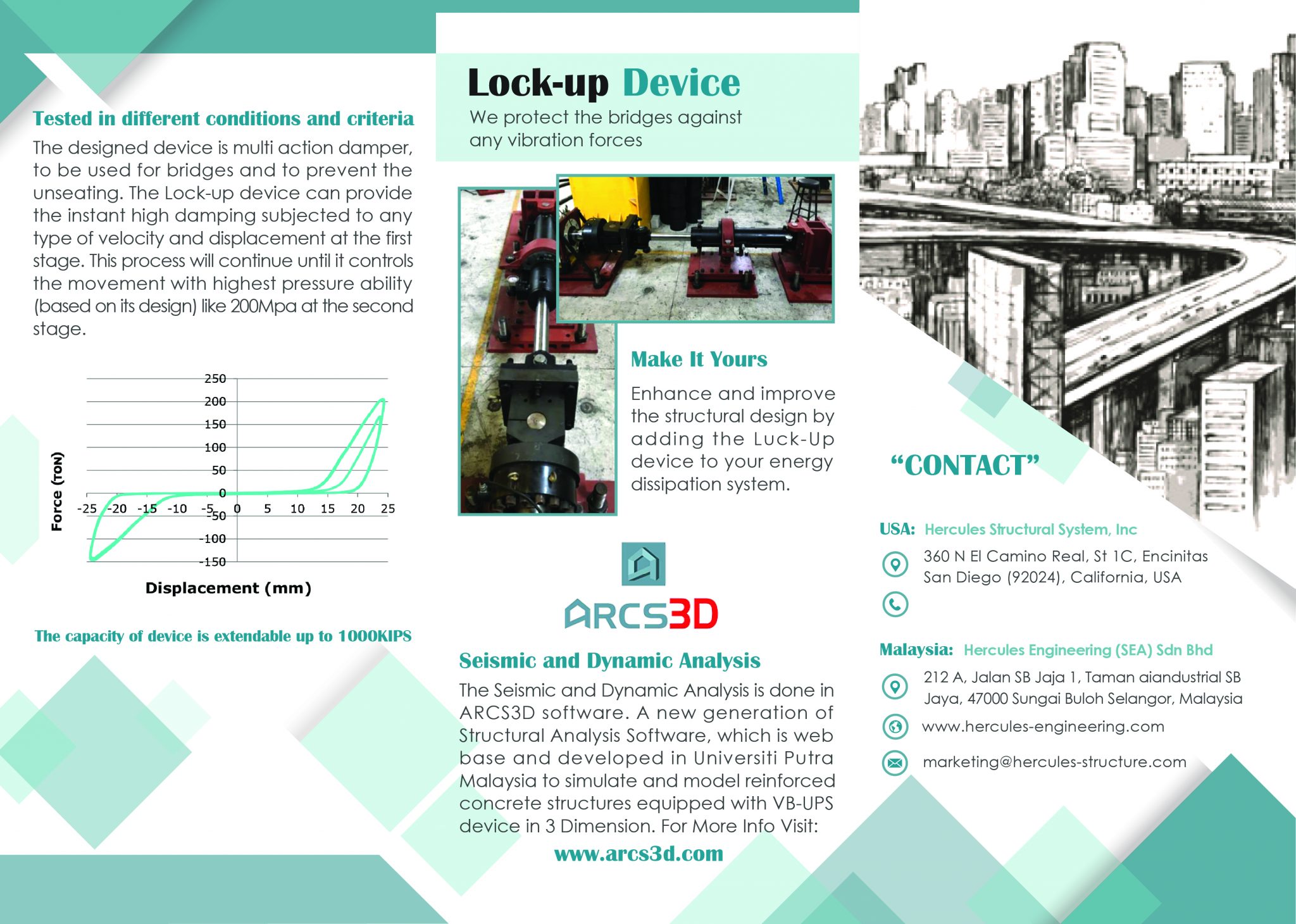 A brochure for a "Lock-up Device" from Hercules Structures. The brochure features an image of the device, a technical graph of its performance (Force vs. Displacement), and contact information for the company in the USA and Malaysia. It also includes information about ARCS3D software for seismic analysis.