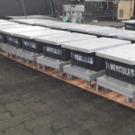 A full pallet of finished Hercules elastomeric bearing pads, wrapped and ready for a construction project.